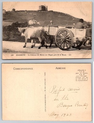 Biarritz 1923 Postcard: Château Baron de l'Espée, Ox Cart, Basque Country