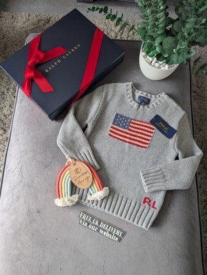 Neu Polo Ralph Lauren grau Smart Pullover amerikanische Flagge Alter UK 4-5 Jahre USA Jungen Geschenk