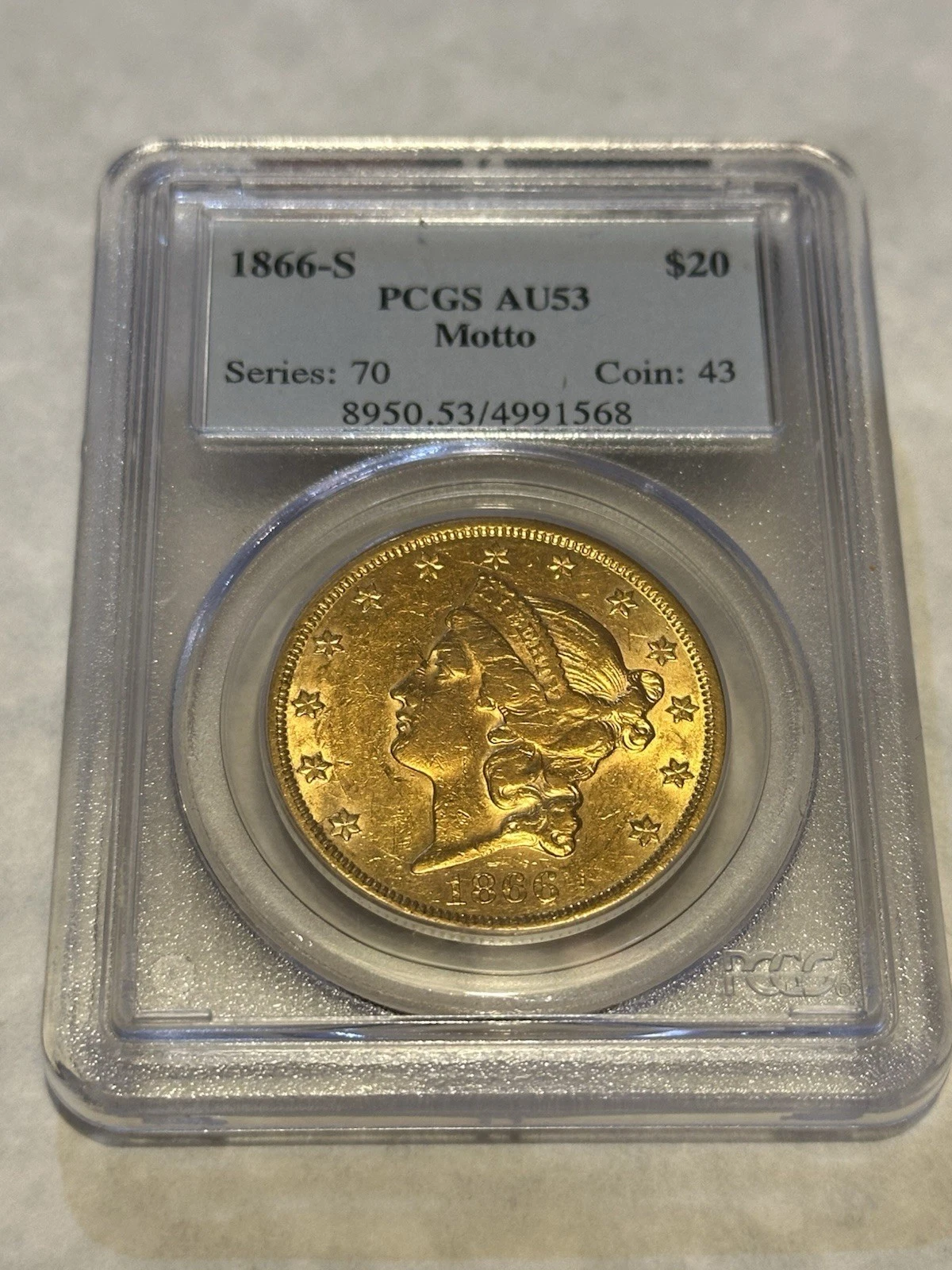 1866-S AU53 PCGS Liberty Double Eagle $20 Gold Coin PQ great appeal lustrous