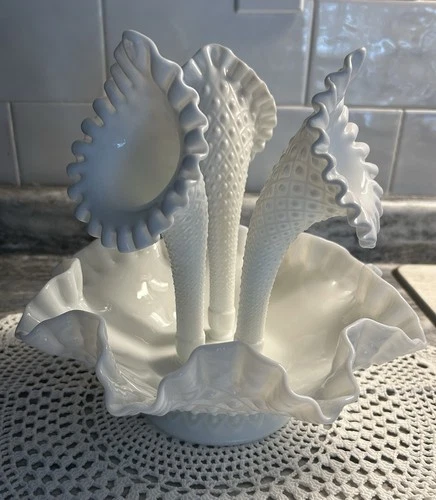 VTG Milk Glass FENTON Diamond Hobnail Vase Serving Dish (4 pc) Fluted Epergne
