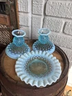 Pair of Vintage Fenton blue opalescent hobnail glass candleholders & Plate