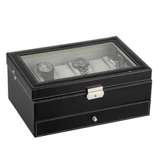 12 Slots Watch Box PU Leather Watch Case Glass Lid Jewelry Organize Display Case