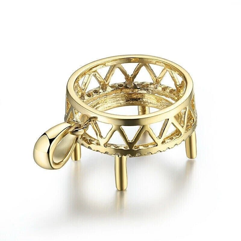 12mm Round Cut Diamond Semi Mount Pendant 14K Yellow Gold Plated Silver - Image 2 of 4