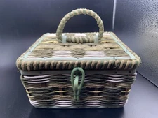 Vintage Sewing Basket Wicker Green Woven Satin Lining Hinged Lid Small