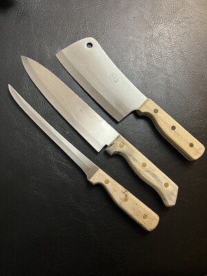 3 Carvel Hall Great Blades Knives Set Cleaver Chef Fillet Knife Wood Handle Vtg