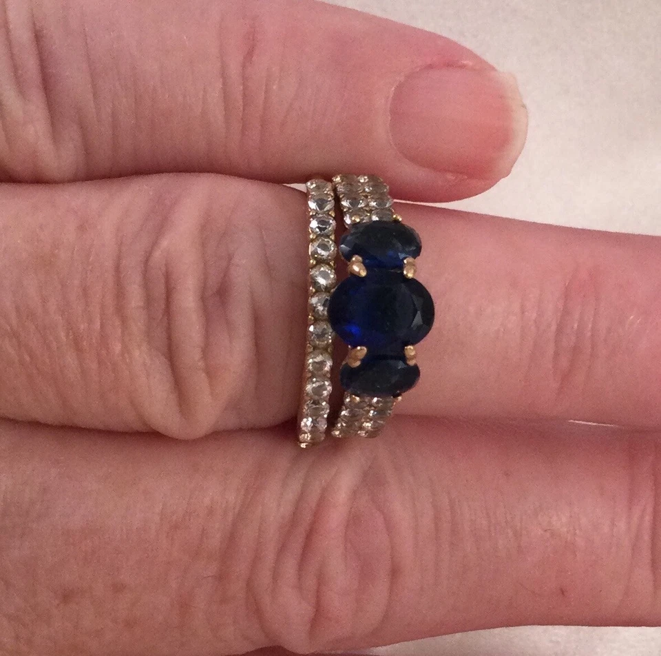 Joyería de colección anillo de oro conjunto doble zafiros blancos azules joyas decorativas antiguas Foto 3 de 4