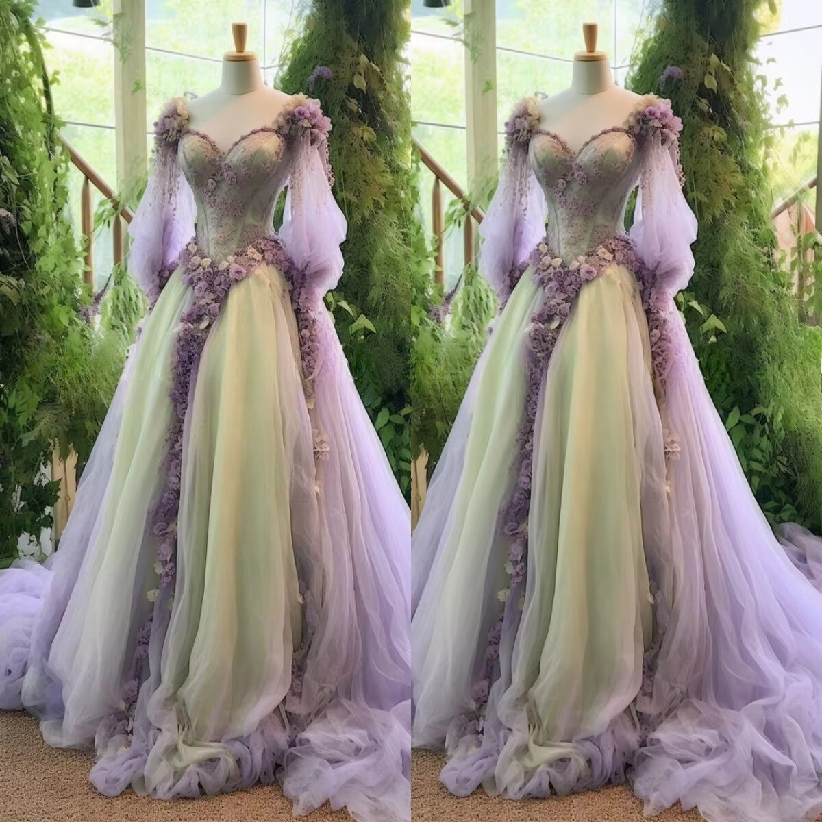 Fantasy Fairy Medieval Ball Gown Purple Fairy Floral Applique Zipper Lace  Mem