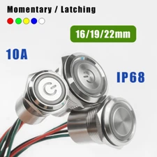 IP68 Metal Pushbutton Switch 10A Waterproof 16/19/22mm LED Illuminated ON/OFF