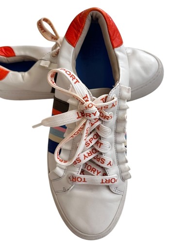 Tory Burch Sport Ruffle Sneakers Womens 9 White Rainbow Leather Low Tops Preppy - Picture 2 of 11
