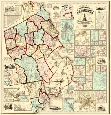 Historic County Map - Plymouth County Massachusetts - Walling 1857 - Vintage