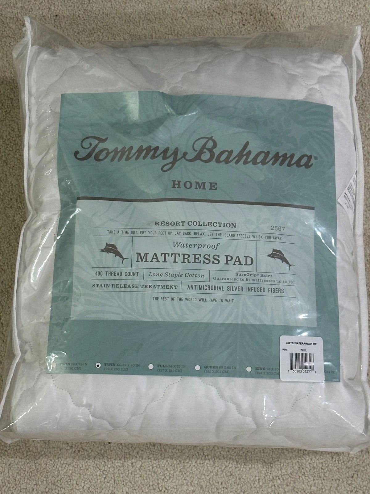 Tommy Bahama Home Waterproof Mattress Pad 400TC Long Staple Cotton TWIN XL White