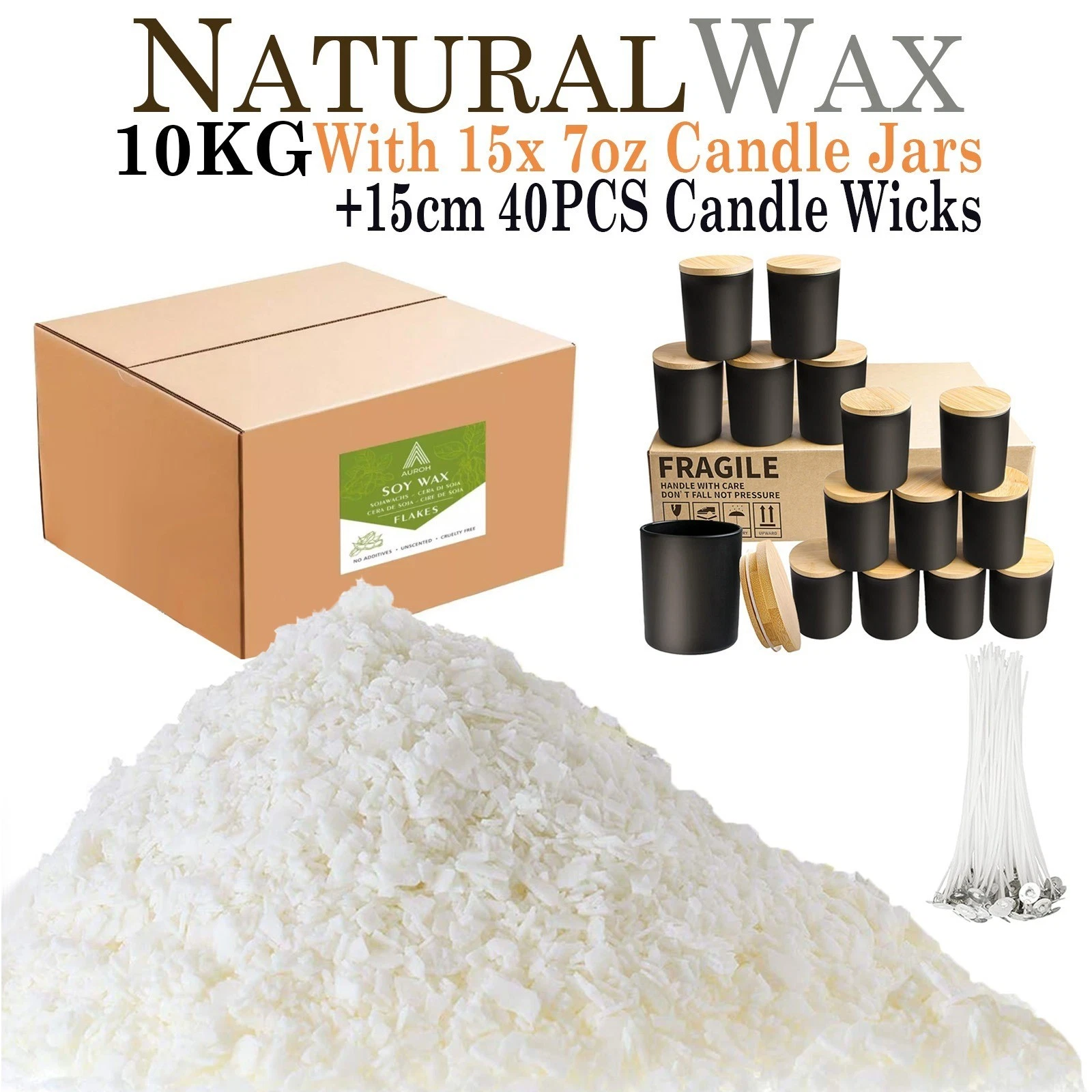 10KG Soy Wax Candle Kit 15 Pack 7oz Black Glass Jars + 15cm Candle Wicks