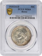 Boone Commemorative Silver Half Dollar 1935/1934-D MS64 PCGS