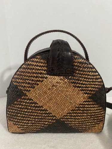 Vintage Indonesian Rattan Leather Woven Bucket Tote Crossbody Shoulder Bag Boho - Picture 10 of 17