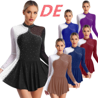 DE Damen Langarm Eiskunstlauf Kleid Ballettanzug Rückenfrei Gymnastik Tanzkostüm