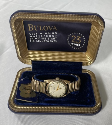 Vintage Bulova 23 Jewel Gold Watch Sunburst Dial Working 1950s With Original Box