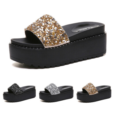 Womens High Platform Sequin Sandals Open Toe Wedge Shoes Slip On Glitter  Mules | eBay
