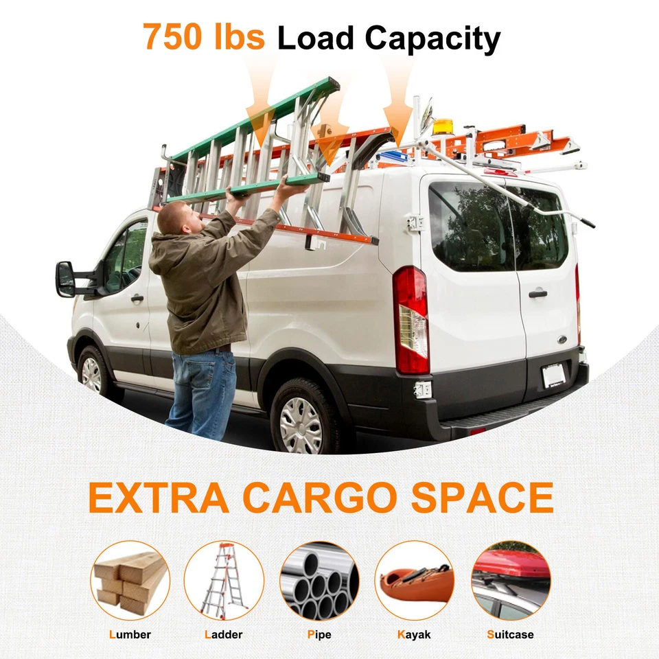 Baca de techo con escalera de 54" 3 barras con rodillo de carga para Ford Transit 150 250 350 2015-2024 Foto 2 de 4