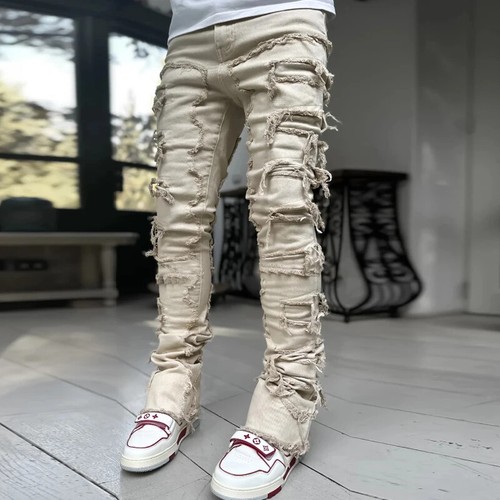 Herren Mode Jeans Street Stretch Patch dünn Denim gerade gestapelt schmale Hose - Bild 18 von 28