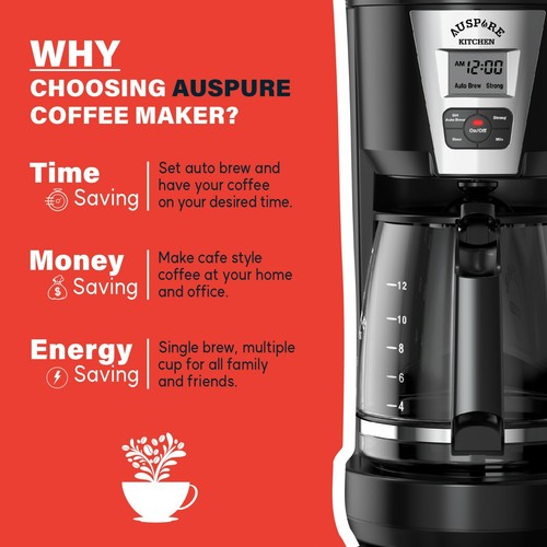 AusBrew 1812 Easy Drip Coffee Maker 12Cup AutoBrew Programmable Permanent Filter - Picture 3 of 11