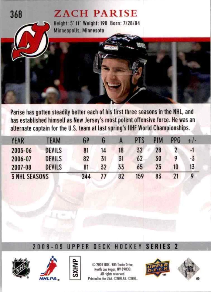 2008-09 Upper Deck Zach Parise #368 - Image 2 of 2