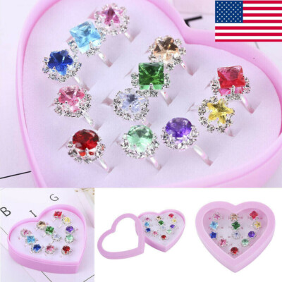 12Pcs Costume Jewelry Girl Child Adjustable Kids Ring Set Crystal Rings Gift US