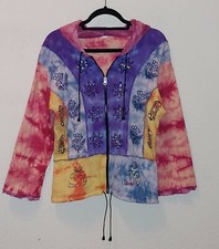 Tie Dye Cotton Patchwork Full Zip Hoodie Jacket Multicolor 
