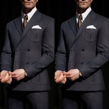 Black Men's Suit Fashion Double Breasted Peak Lapel Tuxedos Wedding Groom Blazer