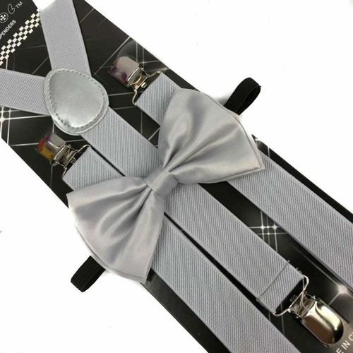 Champagne SILVER GREY Bow Tie & Matching Suspender Tuxedo Wedding Party - Picture 1 of 1