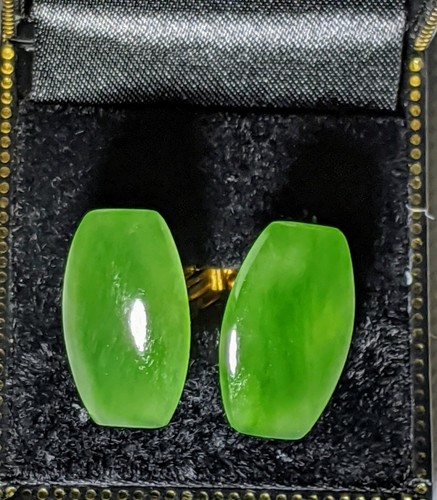 Hand Carved Natural Jade Cufflinks with Gold Tone Metal