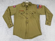 VINTAGE Boy Scouts of America Shirt Youth Large Green Button Up Poly 60s Collar
