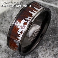 Black Tungsten Men's Ring Deer Family Forest Scenery Wood Wedding Band