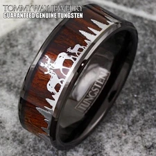 Black Tungsten Men's Ring Deer Family Forest Scenery Wood Wedding Band