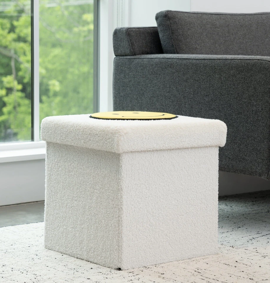 Otomana de almacenamiento plegable, blanca con cara sonriente amarilla Foto 2 de 4