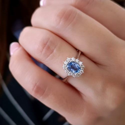 Anello fiore oro Bianco 18 kt ZAFFIRO BLU naturale e DIAMANTI mod. Lady Diana - Foto 6 di 12