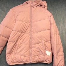 Abercrombie Kids Puffer Jacket Size 13/14 L Pink Hooded Faux Fur Lined Polyester