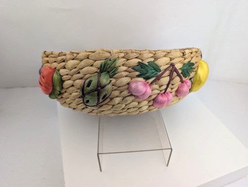 Vintage Woven Raffia Fruits Vegetables Embroidery Basket 3.25”x 11” Burlap Lined
