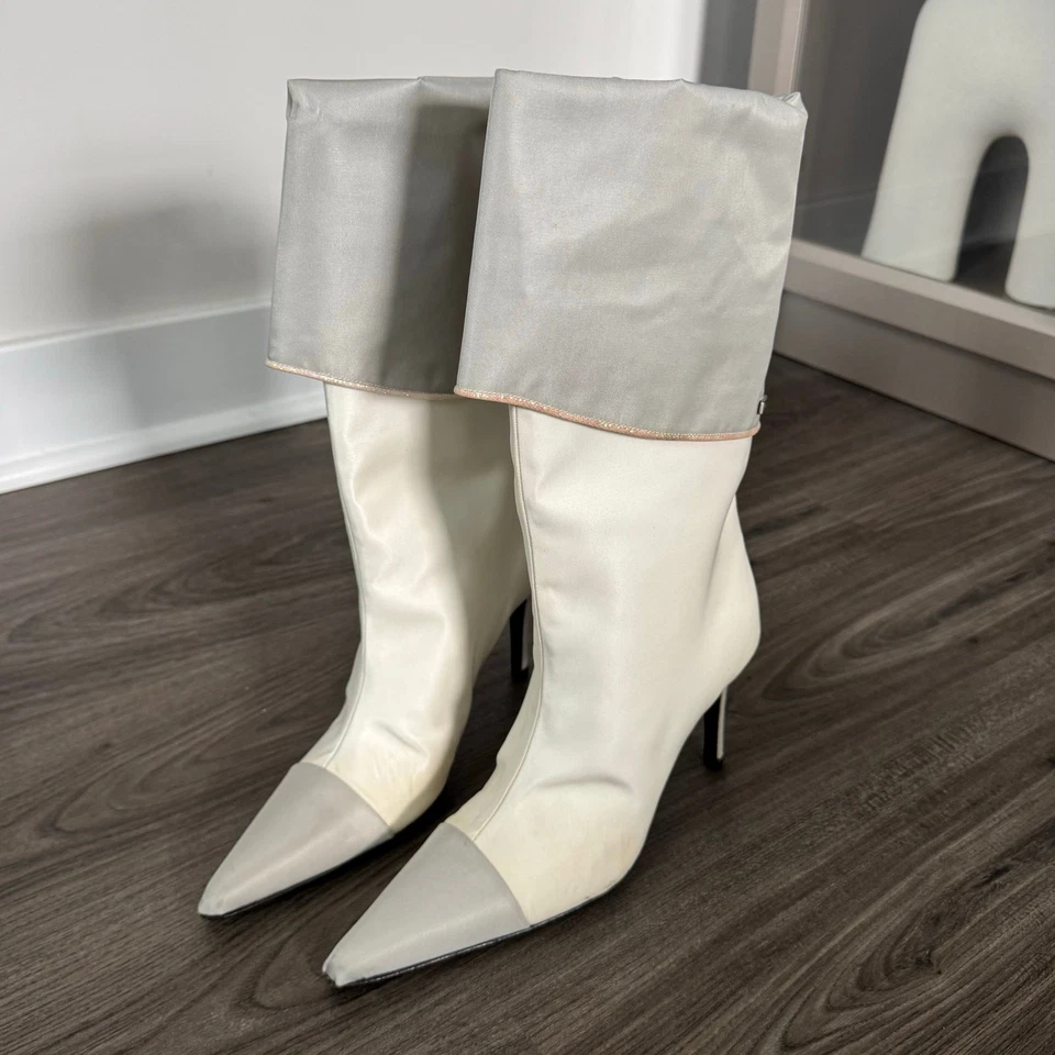 CHANEL Satin Sock White Grey Point Cap Toe Calf Booties 37 Pull On Metallic Trim - Image 2 of 4