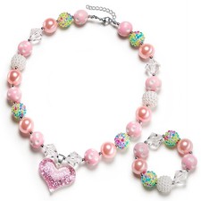 Girls Gilitter Heart Chunky Bubblegum Bead Necklace  Bracelet Set Fashion Jewel