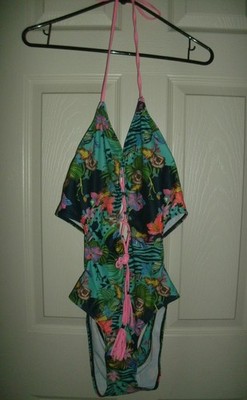 NEW Womens sz L Floral Padded Swimsuit 1 Pc Monokini w/ pink tassles laced front