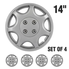 4x 14" Silver Wheel Covers Snap On Full Hub Caps For R14 Tires Tire & Steel Rim