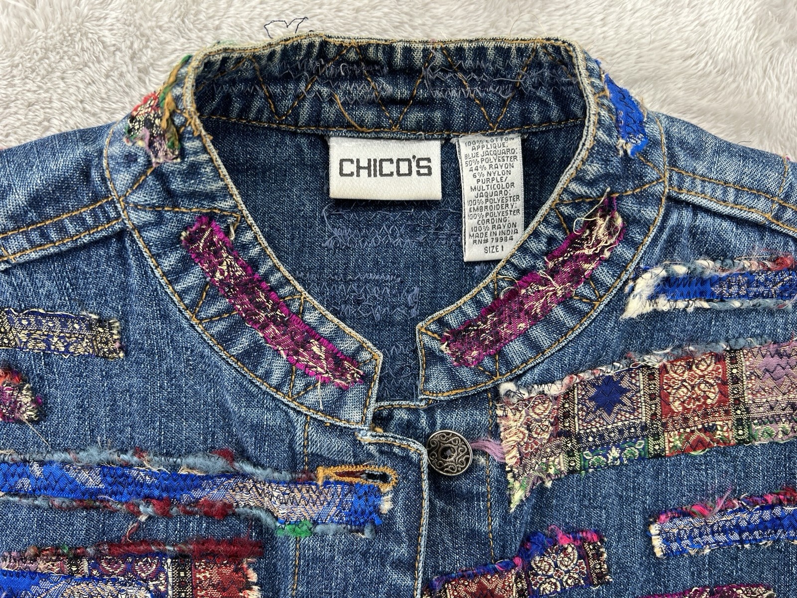 Chico’s Boho Patchwork Embroidered Denim Jacket S… - image 3