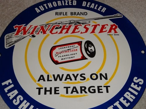 VINTAGE WINCHESTER RIFLE FLASHLIGHT BATTERY 11 3/4" PORCELAIN METAL GAS OIL SIGN