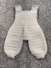 Vintage Handmade Baby Romper Overalls White Crochet Knit Blue Trim Buttoned Legs
