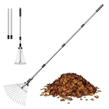 Garden Rake for Leaves Heavy Duty Metal Adjustable Leaf for Lawns Length 37"-68"