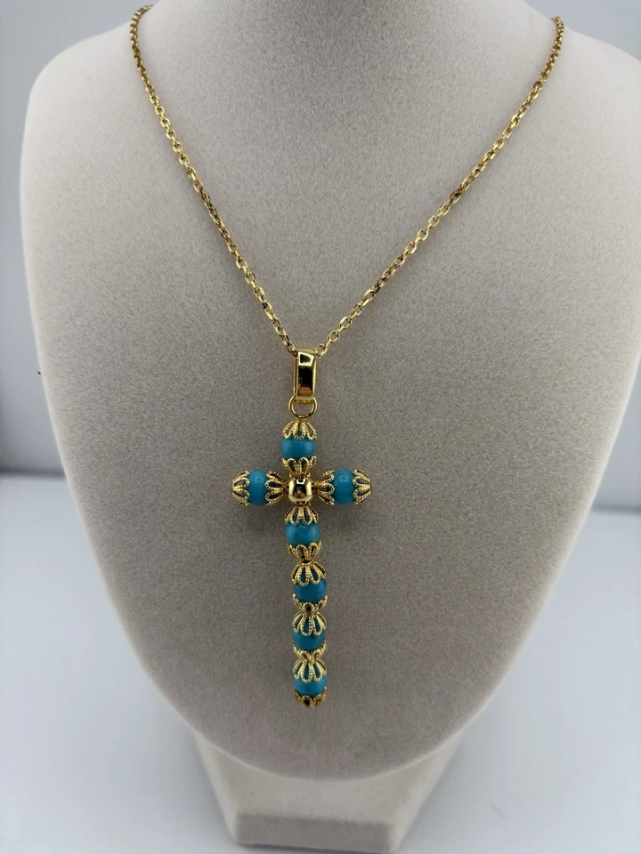 Collar Cruz Turquesa Y Oro Cuentas 2-1/2 18 pulgadas c/2 pulg. Ext. NUEVO LR Foto 2 de 4