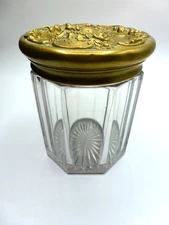 Victorian Era Glass Humidor Jar with Cherub Brass  Lid VANITY JAR  POWDER PUFFS