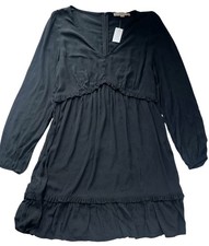 Loft Dress Size 8 Black Long Sleeve V Neck A Line Lightweight Ruffle Hem NWT