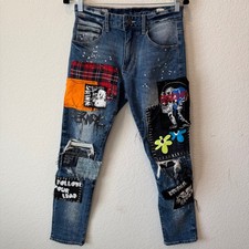 Smoke Rise Mens Distressed Patchwork Paint Splatter Slim Jeans Blue 28x32