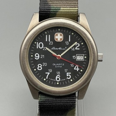 Eddie Bauer Swiss Field Mens Watch 37mm Black Dial Camo Nylon New